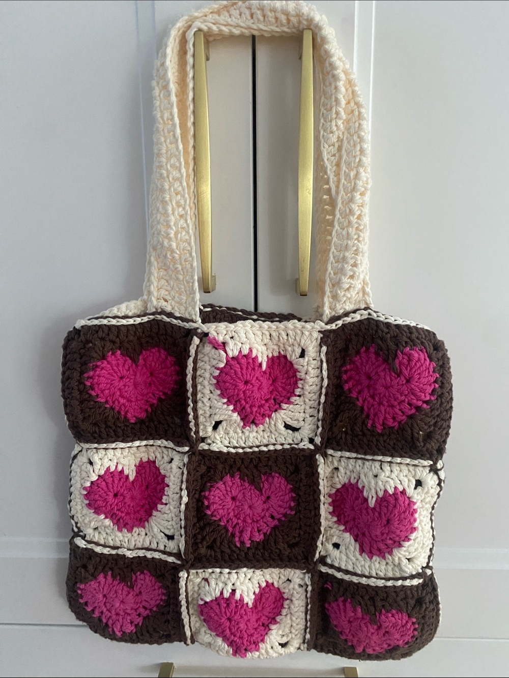 Handmade Crochet Heart Tote Bag w Granny Squares in Pink/Cream & Brown